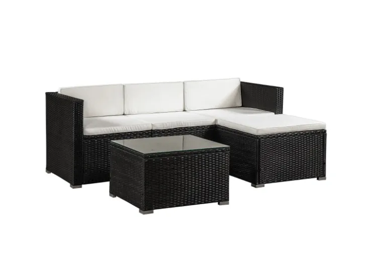 Juskys Polyrattan Lounge Sitzgarnitur Punta Cana M Schwarz mit Bezügen in Creme* Kissen|Hocker