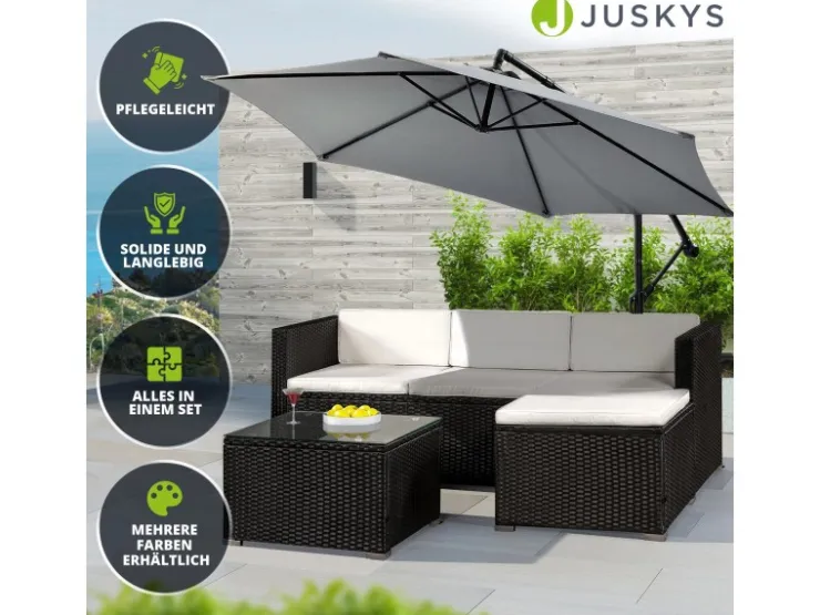 Juskys Polyrattan Lounge Sitzgarnitur Punta Cana M Schwarz mit Bezügen in Creme* Kissen|Hocker