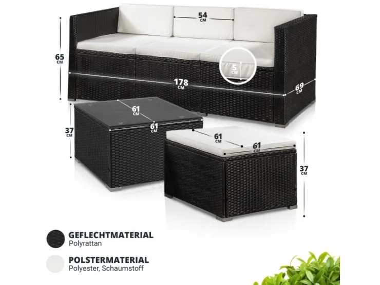 Juskys Polyrattan Lounge Sitzgarnitur Punta Cana M Schwarz mit Bezügen in Creme* Kissen|Hocker