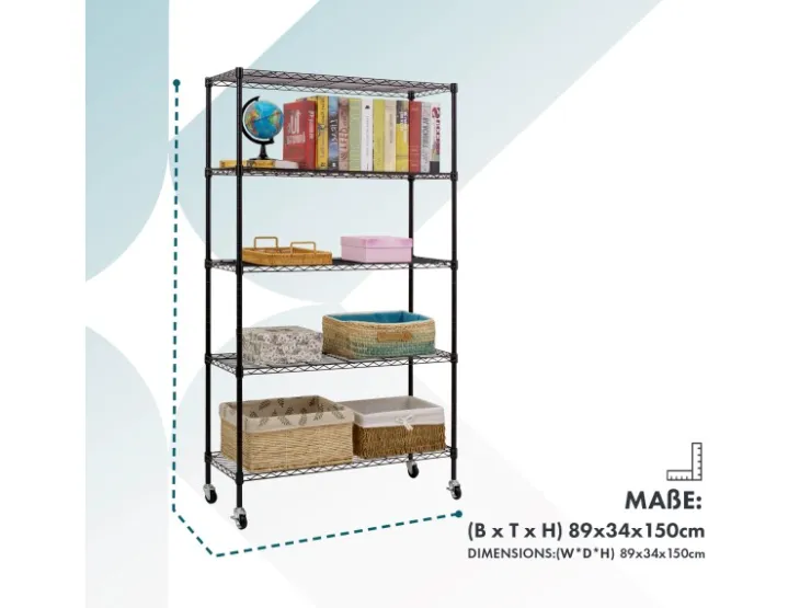 Karat Gitterregal Maya mit Rollen und Feststellbremse 5 Böden 89 x 34 x 150 cm* Regale Schwarz