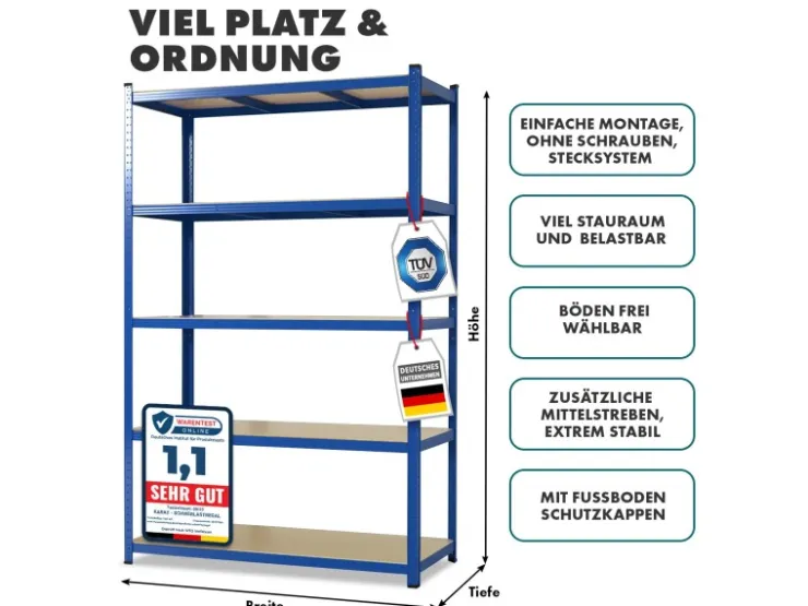 Karat Schwerlastregal Blau Maximale Traglast 875 kg 150 x 75 x 30 cm* Kellerregale|Holzregale