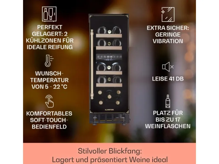Klarstein Vinovilla Victoria 17 Duo Weinkühlschrank 2 Kühlzonen Touch 17 Flaschen 4 Regale* Flaschenregale