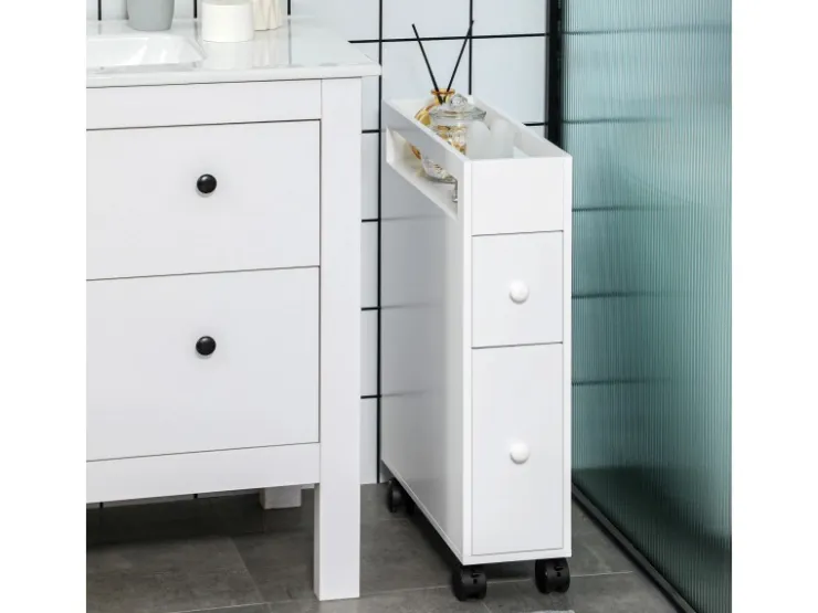 kleankin Badezimmerschrank mit Rollen 2 Schubladen 16 x 49,5 x 66 cm* Aufbewahrung