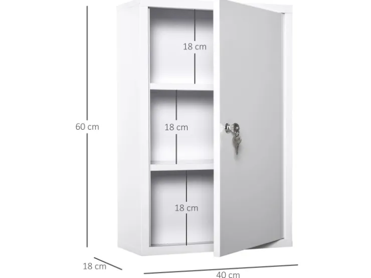 kleankin Medizinschrank mit Schloss 3 Fächer Stahl Weiß 40 x 18 x 60 cm* Aufbewahrung