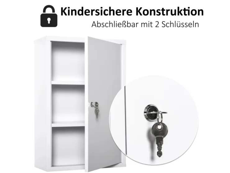 kleankin Medizinschrank mit Schloss 3 Fächer Stahl Weiß 40 x 18 x 60 cm* Aufbewahrung
