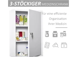 kleankin Medizinschrank mit Schloss 3 Fächer Stahl Weiß 40 x 18 x 60 cm* Aufbewahrung