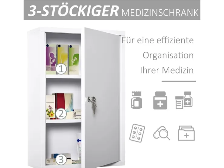 kleankin Medizinschrank mit Schloss 3 Fächer Stahl Weiß 40 x 18 x 60 cm* Aufbewahrung