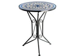 Kobolo Gartentisch Mediterran mit Platte in Mosaikoptik Weiß Blau Höhe 68 cm Durchmesser 55 cm