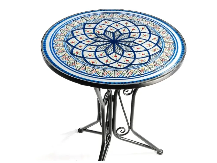 Kobolo Gartentisch Mediterran mit Platte in Mosaikoptik Weiß Blau Höhe 68 cm Durchmesser 55 cm