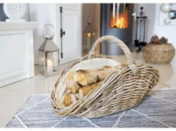 Kobolo Kaminholzkorb Kubu grey aus Rattan mit Henkel und Leinen* Aufbewahrung