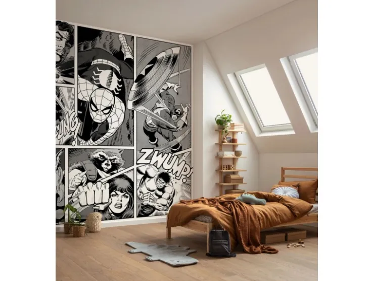 Komar Vinyl-Fototapete Marvel Classic Comic 212 cm x 250 cm Schwarz - Weiß
