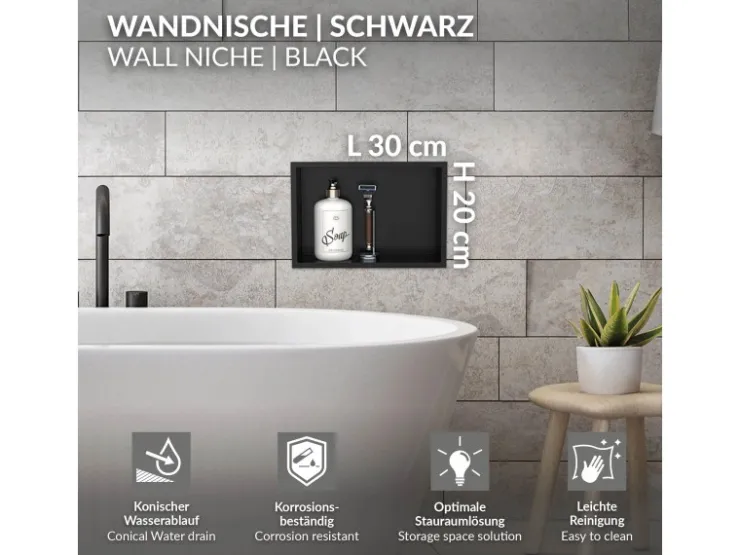 LuxeBath Wandnische aus Edelstahl 20x30x10 cm Schwarz Duschnische mit Rahmen