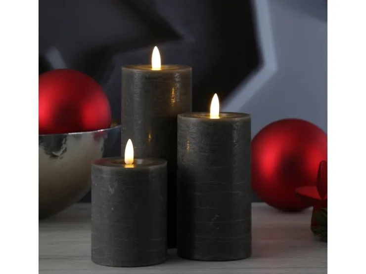 MARELIDA LED Kerzenset LINA Rustik Optik Echtwachs Flackernd 3 Größen Timer Grau 3er Set* Kerzen