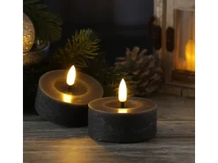 MARELIDA LED Maxi Teelichter Lina Rustik Optik Flackernd Echtwachs D 7cm Grau 2 Stück