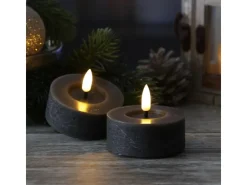 MARELIDA LED Maxi Teelichter Lina Rustik Optik Flackernd Echtwachs D 7cm Grau 2 Stück
