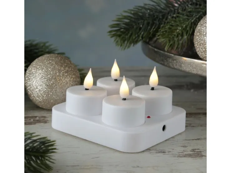 MARELIDA LED Teelichter 4 Stück Mit Ladestation USB Wiederaufladbar D 4cm Flackernd Weiß* Kerzen