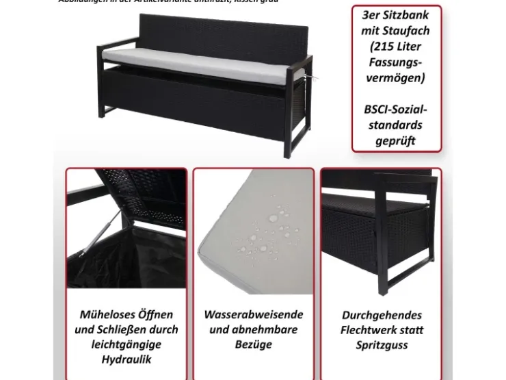 MCW Poly-Rattan 3er Sitzbank F39 Kissen Creme* Kissen|Sitzbänke