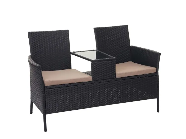 MCW Poly-Rattan Sitzbank mit Tisch E24 Kissen Creme* Sitzbänke|Kissenbezüge
