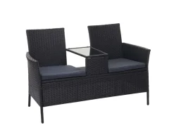 MCW Poly-Rattan Sitzbank mit Tisch E24 Kissen Dunkelgrau