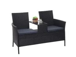 MCW Poly-Rattan Sitzbank mit Tisch E24 Kissen Dunkelgrau