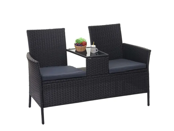 MCW Poly-Rattan Sitzbank mit Tisch E24 Kissen Dunkelgrau