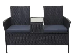 MCW Poly-Rattan Sitzbank mit Tisch E24 Kissen Dunkelgrau