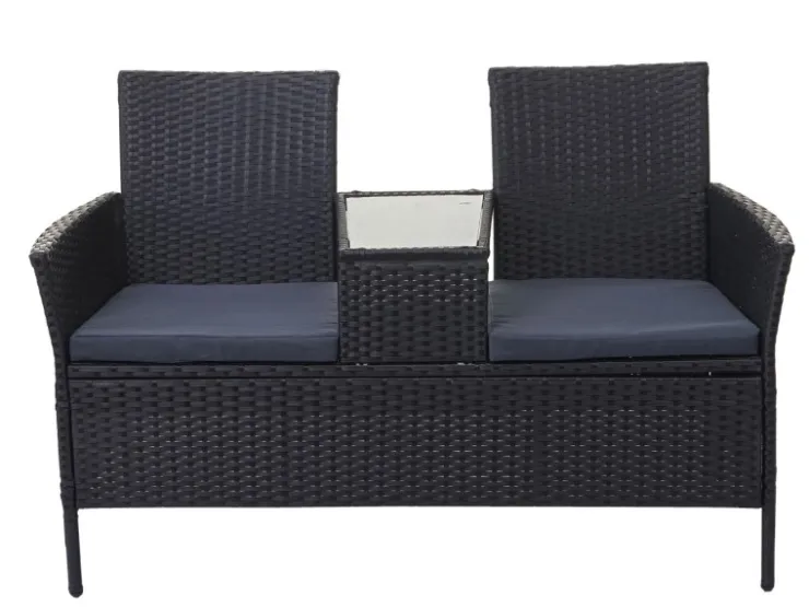 MCW Poly-Rattan Sitzbank mit Tisch E24 Kissen Dunkelgrau