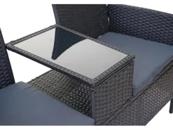 MCW Poly-Rattan Sitzbank mit Tisch E24 Kissen Dunkelgrau