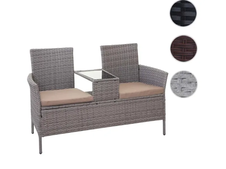MCW Poly-Rattan Sitzbank mit Tisch E24 Kissen Creme* Kissen
