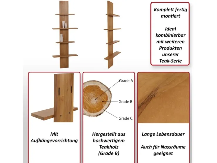 MCW Teak-Wandregal M72 151x56x15cm* Schweberegale|Weitere Regale