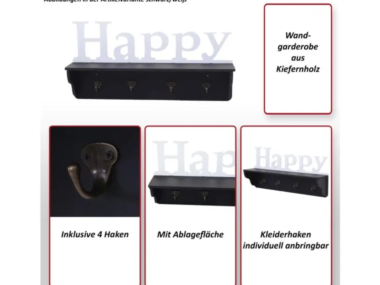 MCW Wandgarderobe D41 Happy 4 Haken Weiß* Garderoben