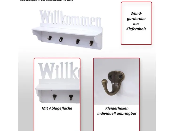 MCW Wandgarderobe D41 Willkommen 4 Haken Schwarz/weiß* Garderoben