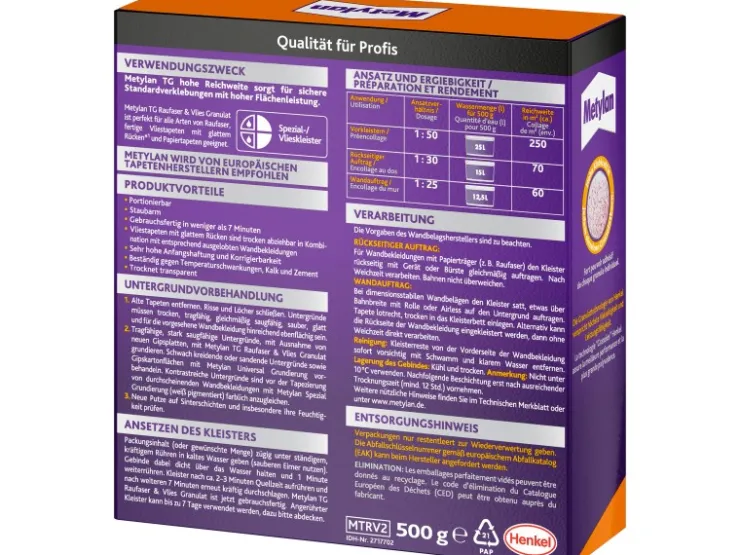 Metylan Raufaser & Vlies Granulat TG Hohe Reichweite 500 g Paket Transparent* Tapezierzubehör