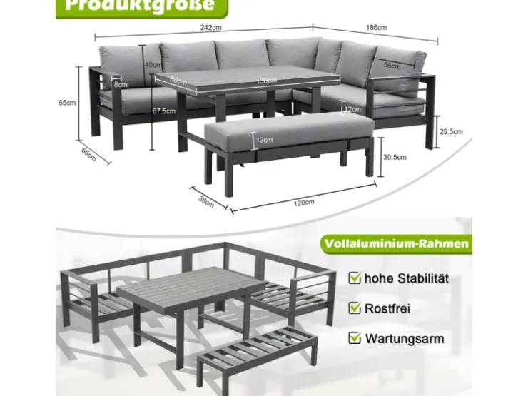 MeXo Aluminium Lounge-Set mit Esstisch für 8 Personen* Kissenbezüge