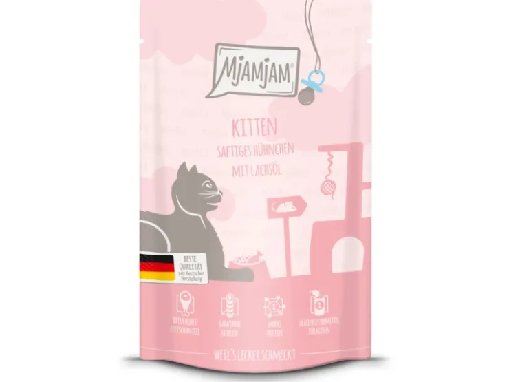 Mjamjam Nassfutter Quetschie Katzen Saftiges Hühnchen mit Lachsöl 125 g* Katzenbedarf