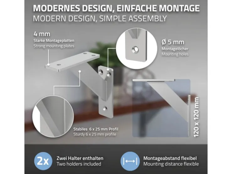 ML-Design 4 Stück Regalhalterung 120 x 120 mm Silber Aluminium Schwebende