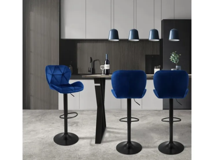 ML-Design Barhocker 2Er Set aus Samt Blau mit Rückenlehne und Fußstütze