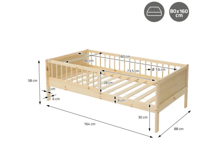 ML-Design Kinderbett 80x160 cm Natur Kinder Einzelbett mit Lattenrost