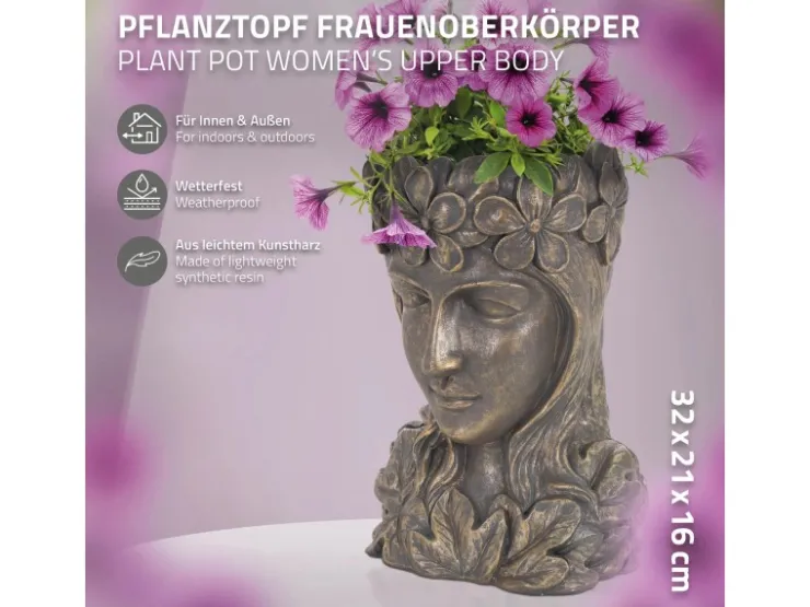 ML-Design Pflanztopf Frauenkopf Figur 21x16x32 cm Bronze Kunstharz Innen Außen