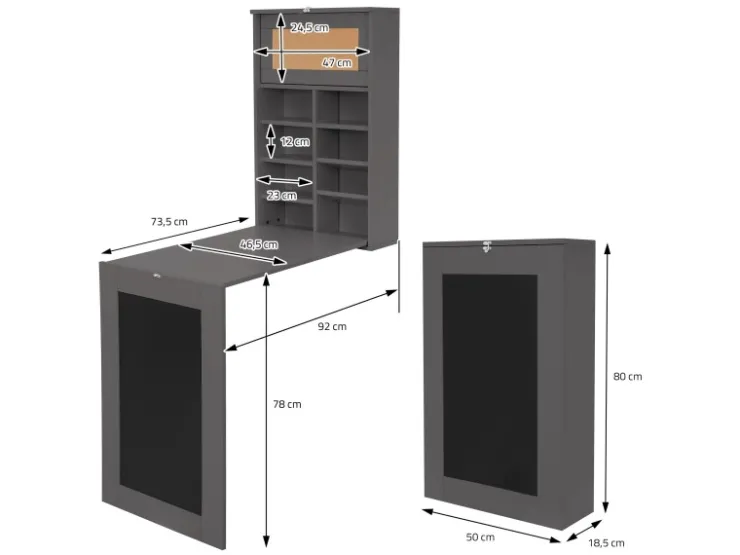 ML-Design Wandtisch Klappbar Schreibtisch mit Tafel 8 Fächern und Pinnwand* Pinnwände
