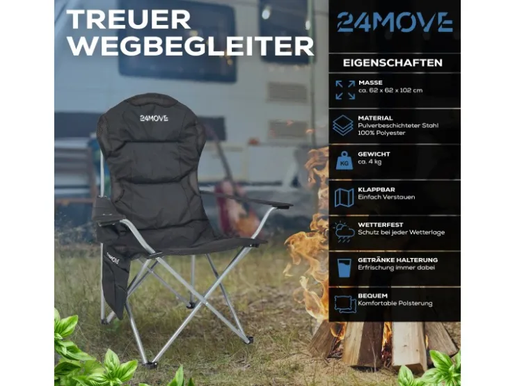 24Move Campingstuhl faltbar Klappstuhl gepolstert inkl. Tragetasche - 150kg - schwarz