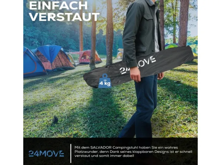 24Move Campingstuhl faltbar Klappstuhl gepolstert inkl. Tragetasche - 150kg - schwarz