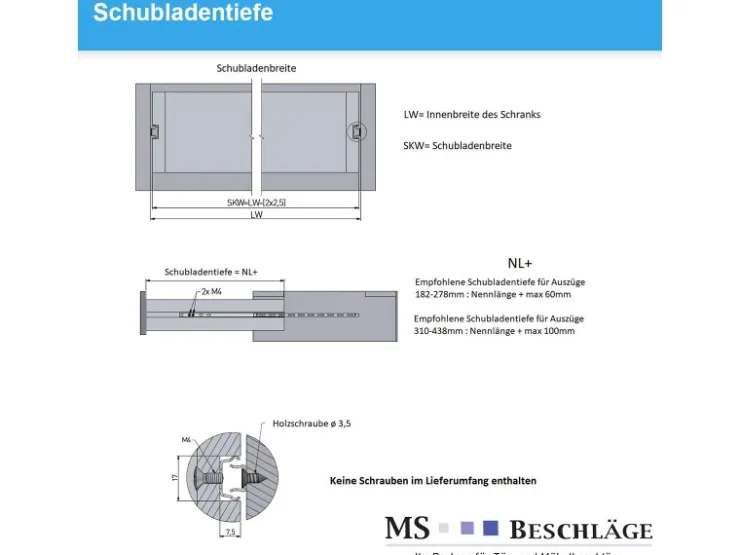 MS Beschläge Teilauszug 438 mm Nutauszug 17 mm Führungsschiene* Kommode