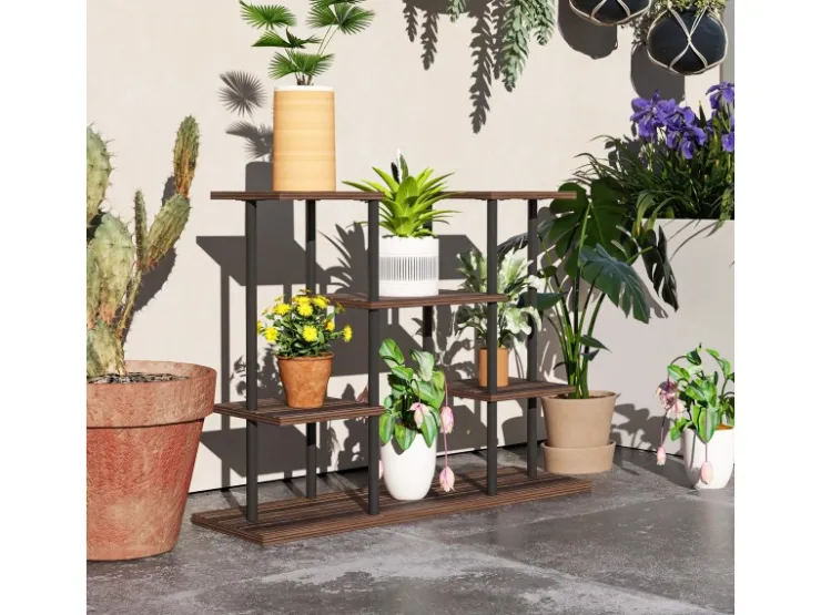 Outsunny Blumenständer Stahl Tannenholz Verkohlt 80L x 24B x 61,5H cm* Dekorative Figuren