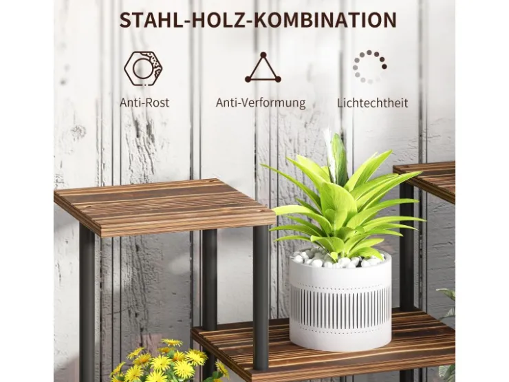 Outsunny Blumenständer Stahl Tannenholz Verkohlt 80L x 24B x 61,5H cm* Dekorative Figuren