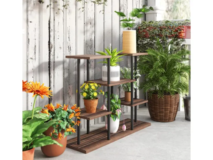 Outsunny Blumenständer Stahl Tannenholz Verkohlt 80L x 24B x 61,5H cm* Dekorative Figuren