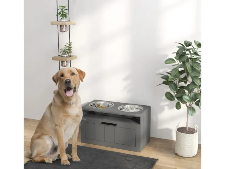 PawHut Futterstation Hundenäpfe MDF Stahl Grau 60L x 30B x 35H cm* Hundebedarf