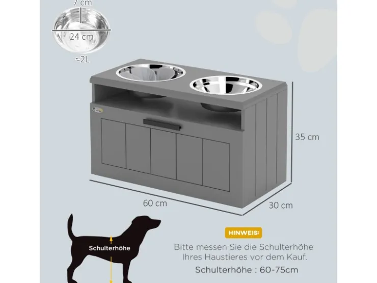 PawHut Futterstation Hundenäpfe MDF Stahl Grau 60L x 30B x 35H cm* Hundebedarf