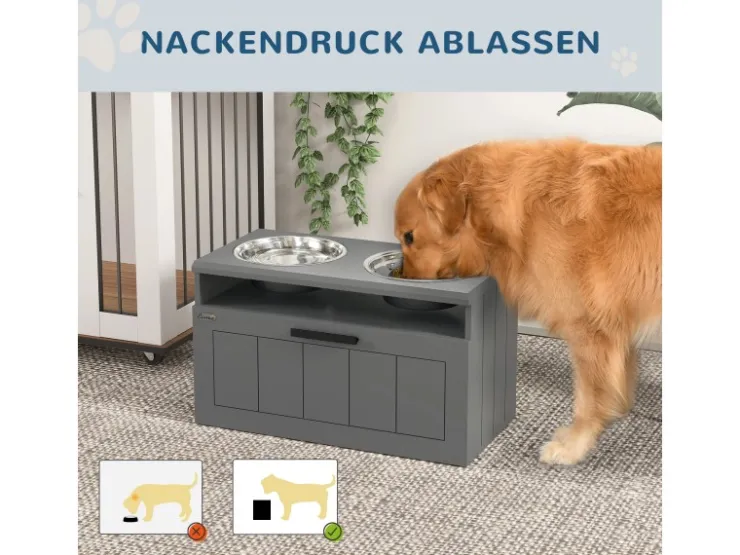 PawHut Futterstation Hundenäpfe MDF Stahl Grau 60L x 30B x 35H cm* Hundebedarf