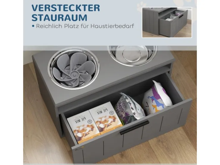 PawHut Futterstation Hundenäpfe MDF Stahl Grau 60L x 30B x 35H cm* Hundebedarf
